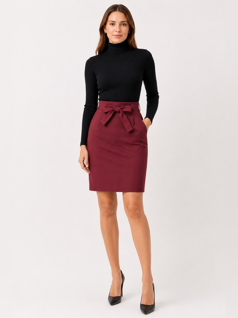 LOFT Cranberry Tie Waist Pencil Skirt Burgundy Office Chic Size 0 Like New